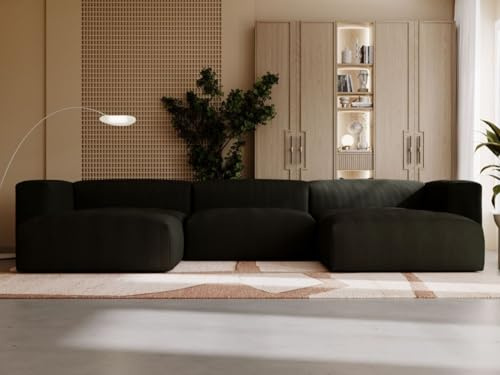 GRAINGOLD Landi Ecksofa 340x180 cm, U-Form Sofa, Ecksofa für Wohnzimmer, Cord Stoff, 5-Sitzer Wohnlandschaft, Modernes Design (Schwarz)