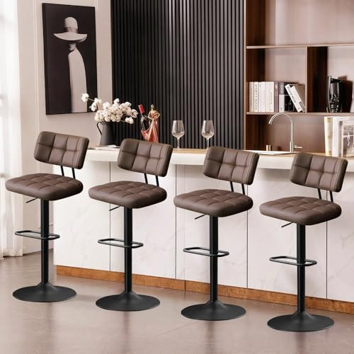 Ckaff Barhocker 4er Set, Barstuhl höhenverstellbar aus PU-Leder, 360°Drehstuhl Küchenstuhl mit Rückenlehne und Fußstütze für Küche, Wohnzimmer, Esszimmer, Braun
