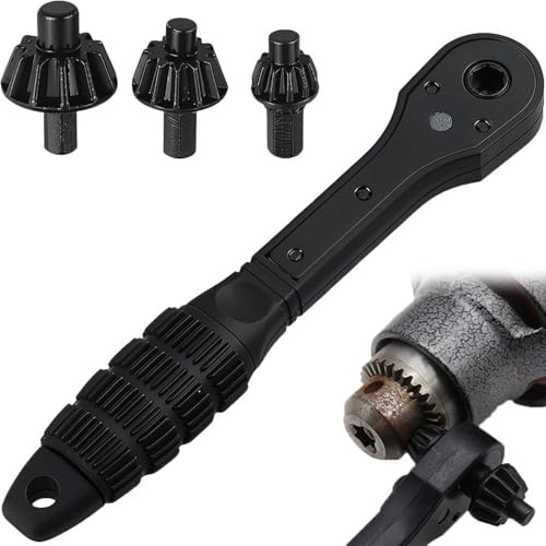 RiseDirectly 3-in-1 Drill Chuck Ratchet Wrench with Interchangeable Heads | Magnetic Anti-Slip Universal Chuck Key for 10mm & 13.5mm Cordless & Bench Drills – DIY Maintenance & Furniture Assembly Tool