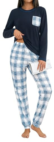 Demegimi Pigiama Donna Invernale Cotone Pigiama Lungo da Donna con a Maniche Lunghe Girocollo con Stampa Set Due Pezzi Pajamas