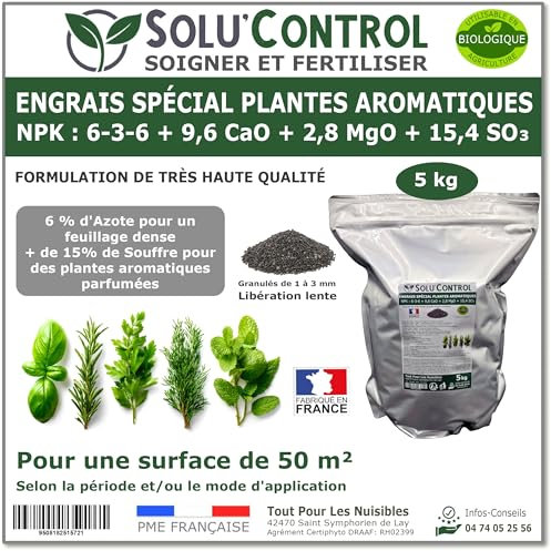5 kg - Engrais Spécial Plantes Aromatiques NPK 6-3-6 - Favorise un feuillage dense, intensément parfumé et vigoureux - Utilisable en Agriculture Biologique (UAB) - Fabriqué en France