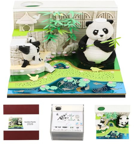 FOGARI 3D Kalender 2026 Abreißen,3D-Notizblock Tischkalender-Notizblock,Mit Beleuchtung und Stifthalter,Kreative 3D Papierskulptur mit Glasklarem Anzeigebox, DIY Desktop Ornament (Panda)