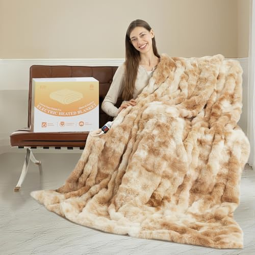 Faux Fur Electric Blanket Twin Size 62X84 - Bubble Heated Blanket Fluffy Soft Fuzzy with 6 Fast Heating Levels & 10 hrs Timer Settings, Washable & ETL Certified for Office Bed, Tie-Dye Beige