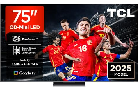 TCL 75C8K Televisor 75 Pulgadas QD-Mini LED 4K Smart TV, 4500 nits HDR Premium, 144Hz, ZeroBorder, Bang & Olufsen, Google TV, Dolby Vision IQ y Atmos, Panel WHVA, Game Master