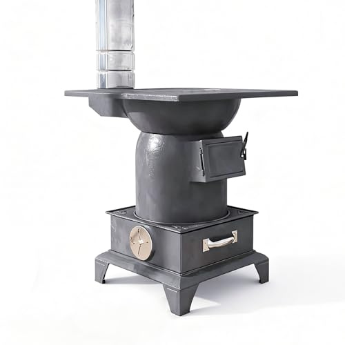 Wood Burning Stove with Chimney Pipe Thickened Cast Iron Multi-Fuel Heating Stove for Home Cabin Tent Patio Off-Grid Living, Precision Welding Design(Stove+5 pipe)