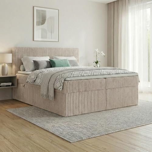A&J MöbelLand Boxspringbett RALF 140x200 mit Bettkasten und Topper – Bonellmatratze H2 – Stauraum in Beige