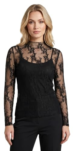 Novocloud Mujer Camiseta Transparente Top, Sexy de Encaje de Manga Larga Top de Malla Sexy Camisetas de Encaje Bordado Floral Parte Superior de Malla para Mujer