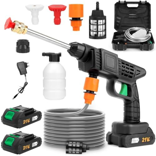 Idropulitrice a batteria, 960 psi, con 2 batterie, ugello 2 in 1, tubo da 5 m e cannone per schiuma, idropulitrice portatile, pistola portatile per auto, terrazza, giardino, bicicletta e ambienti