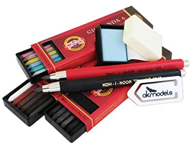 KOH-I-NOOR Set, 2X 5347 5,6 mm diameter mekanisk penna + Gioconda 5,6 mm, set med 6 ledningar för konstnärsritning. 4869/II+4869/I+ KOH-I-NOOR metalliska färgade ledningar (set med 6) + gummi +