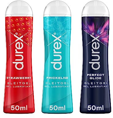Durex Play Ausprobierpaket mit 3 verschiedenen Gleitgelen - Sweet Strawberry, Prickelnd, Perfect Glide (3 x 50ml)