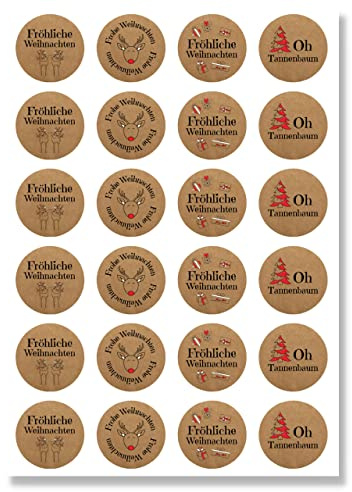 Aufkleber Weihnachten (48 Sticker) - Weihnachtsaufkleber für Geschenke - Weihnachtssticker Rund - Fröhliche Weihnachts Etiketten zum beschriften - Selbstklebend - Kraftpapier-Optik Schrift