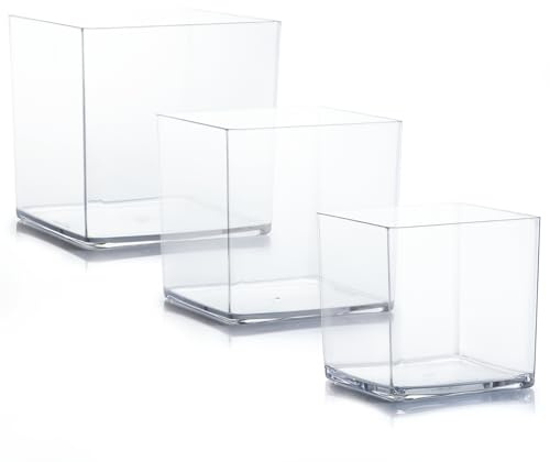 JynJyn Acrylic Cube Vases Set of 3, Clear Square Vases, Shatterproof Flower Vase Decorative Centerpiece for Home, Wedding, 4”+5”+6”