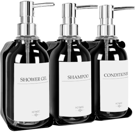 HCYWOC Seifenspender Wandbefestigung Ohne Bohren, 3 Stück, 500ml | Shampoo Flaschen zum Befüllen mit 16 Wasserdichten Etiketten, Seifenspender Set, Transparent