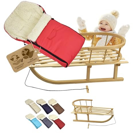 KOMBI-erbjudande träsläde med ryggstöd och dragrep universell vinteråkpåse (90 cm), även lämplig för babystol, barnvagn, buggy, av ull UNI (röd)