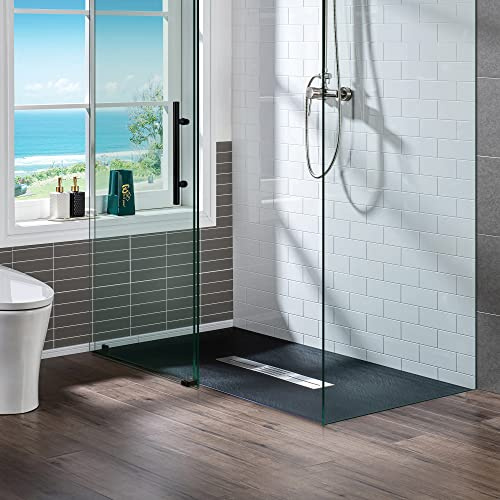 WOODBRIDGE 59 in L x 35.4 in W Zero Threshold End Drain Shower Base with Center Drain Placement, Matching Decorative Drain Plate and Tile Flange, Wheel Chair Access, Low Profile, Black