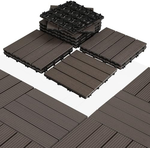 Eulenke WPC - Piastrelle per terrazze, 55 pezzi, 30 x 30 cm, per balcone, pavimento, piastrelle a clic, effetto legno, resistente alle intemperie, per terrazze, 5 m², colore: Caffè