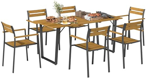 Outsunny 7 Piece Garden Dining Set with Table and 6 Stackable Chairs, Brown