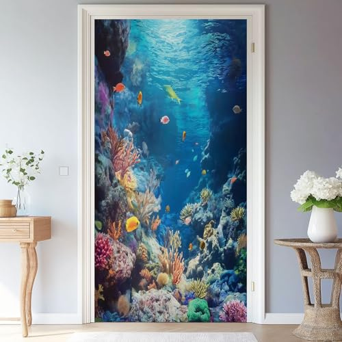 Türtapete Türfolie Selbstklebend TürPoster PVC Türaufkleber Natur Korallen Fische Meer, 90 x 200 cm 3D Türbild Fototapeten Wasserfest Für Schlafzimmer Wohnzimmer Tür Dekoration Stickers Bunt