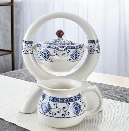Lazy Ceramics Teapot Set with Cups, Heat-Resistant Water Diversion Rotating Cover Bowl Semi-Automatic Glass Teapot Suit
