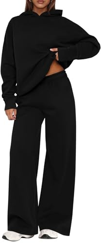 PRETTYGARDEN Womens Sweatsuits 2 Piece Set 2026 Casual Winter Long Sleeve Hoodie Loose Wide Leg Sweatpants Fall Tracksuit (Black,Small)