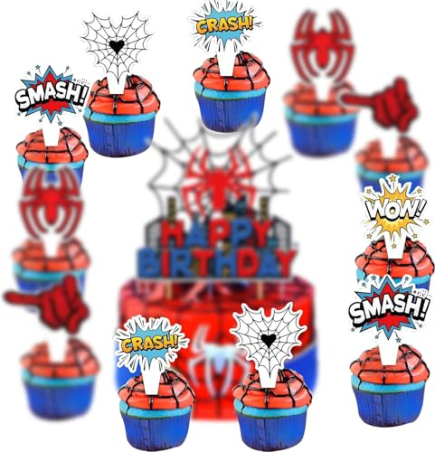 YUEcthynous Spinne Web Kuchen Dekorationen,13 Stück City Hero Kuchen Dekoration Kuchen Deko Kindergeburtstag Hero Tortendeko für Mädchen,Junge,Geburtstagsfeier Spinne Kuchen Topper