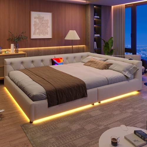 ZIDEY Polsterbett Schlafsofa 140x200 mit LED, USB-Anschlüssen, Tagesbett Ausziehbett mit Lattenrost, Sofabett Funktionsbett Daybett, ohne Matratze, Beige