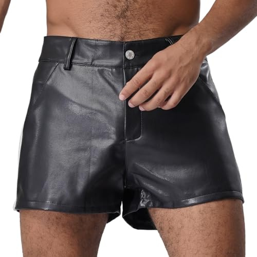 Alvivi Homme Short Cuir Verni Taille élastique Similicuir Pantalon Court Bermuda Clubwear Noir 3XL