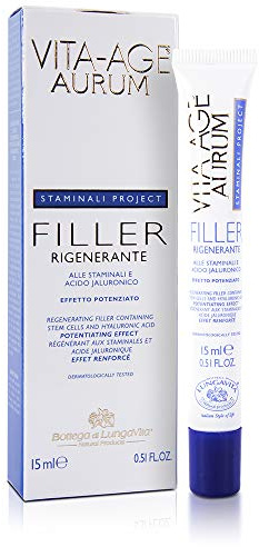 Bottega di LungaVita FILLER RIGENERANTE VITA-AGE AURUM - Filler Innovativo effetto rigenerante e riempitivo, potenziato dall'utilizzo di cellule staminali di Stella Alpina e microsfere di acido ialuronico - azione dermoriempitiva, rigenerante e ridensificante - Tubo da 15 ml