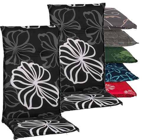 Beo Gartenstuhlauflagen Hochlehner 2er Set Barcelona | Made in EU nach Öko-Tex Standard | Hochlehner Auflagen waschbar | Atmungsaktive Stuhlauflagen Hochlehner mit Blumen in Grau-Schwarz-Weiß