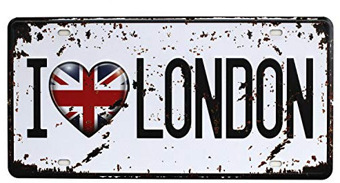 Hioni Metal Tin Sign I Love LONDON Vintage Auto Embossed License Plate Art Plaque Wall Decor