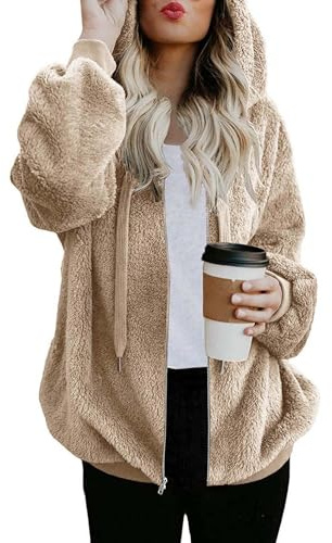 ReachMe Womens Oversized Sherpa Jacket Fuzzy Fleece Zip Up Hoodies with Pockets Warm Fall Outfits Winter Coats(Khaki,2XL)