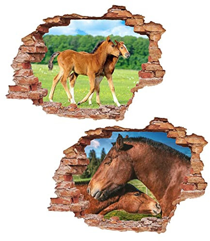 2Pcs Pferd Horse Wandtattoo 3D Effekt XXL Wanddurchbruch Fenster Wandaufkleber für Junge Mädchen Kinderzimmer Groß 800mmx580mm