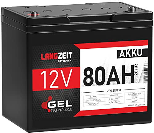 LANGZEIT Akku 12V 80Ah Gel Blei-Akku Profi Blei-Batterie Solar Boot ersetzt 75Ah 70Ah