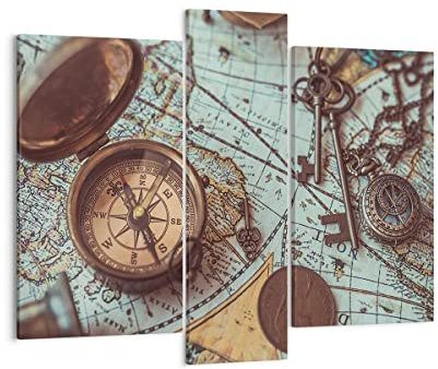 Mehrteilige Bilder auf Leinwand Kompass Vintage Karte Leinwandbild 95x80cm Wandbilder Dekoration Wohnzimmer Schlafzimmer Set 3 teilige Groß Wanddeko Bild Wand Kunstdruck Art Decor Canvas CB95x80-4302