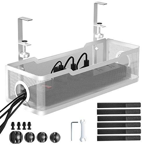 Under Desk Cable Management Tray White, Cinati Wire Organizers No Drill, Cable Tray with Clamp for Wire Management, Cord Organization Box for Office, Home - No Damage to Desk