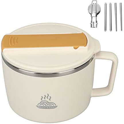 Juego de Cuencos de Fideos para Microondas, Cuenco de Ramen con Palillos Y Cuchara, Cuenco de Fideos de Acero Inoxidable 304 de 1200 Ml, Cuenco de Sopa Portátil, Cuenco de Cocina Ramen(Blanco crema)