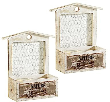 Dynamic24 2X Deko Holz Mini Pflanzschale Set Blumentopf Pflanzkasten Blumenkasten Balkonkasten Blumen mit Rankgitter Weiss Natur Shabby Chic Look (Holz 2 Stück)