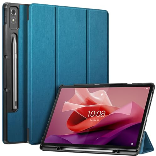Fintie Hülle mit Stifthalter für Lenovo Tab P12 Tablet 12,7 TB370FU 2023, Ultradünne Flip Case Cover mit Auto Schlaf/Wach, Ständer Funktion, Satinoptik Blaugrün