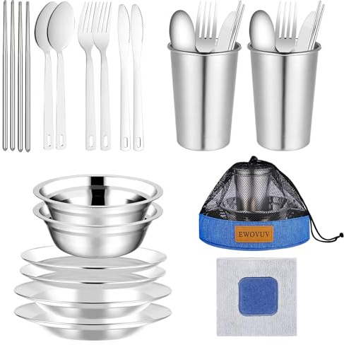 Camping Mess Kit - for Camping 1 to 2 Person boy Scout Camp Dishes Camping Cooking Utensils Accessories Plates Dinnerware Set Outdoor (2 Person Set Blue)