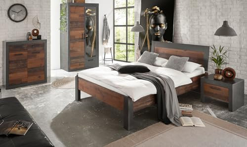 Schlafzimmer komplett in Old Used Wood mit grau Matera Komplettzimmer Set mit Stauraumbett, Kleiderschrank, Kommode und Nachttisch im Shabby Chic Design Ward (Set 1 + Bettschubkasten)