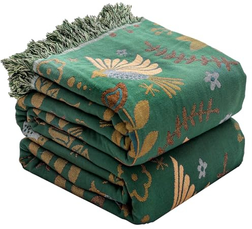 HOORDRY Boho-Baumwoll-Überwurfdecke, 152,4 x 203,2 cm, weich, leicht und gemütlich, große Überwurfdecke mit Quasten für 2-Sitzer, Decke für Heimdekoration, Tagesdecke, Reisen, Picknicks, Couch