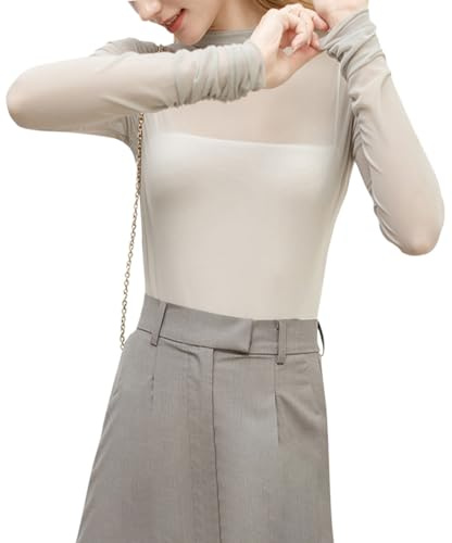 Minetom Langarmshirt Damen Sexy Mesh Oberteile Langarm Durchsichtige T-Shirt Rollkragen Transparent Tüll Hemd Shirt Casual Bluse Party Tops E Grau XL