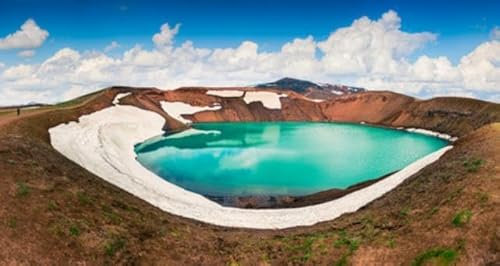 adrium Holz-Bild 150 x 80 cm: Buntes Sommerpanorama des Kraterbeckens des Krafla-Vulkans. Dramatische Morgenszene im Nordosten Islands, Myvatn-See, Europa. (85334026)