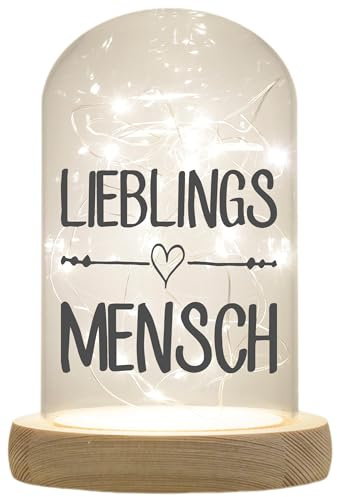 WB wohn trends LED-Glaskuppel, Lieblings-Mensch, 16,5x11cm, Glasglocke mit LED-Licht und Holz-Fuß LED-Laterne LED-Lampe mit Text Spruch