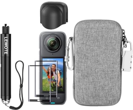 LEWOTE Kit de accesorios 7 en 1 compatible con Insta360 X4 [tapa de lente de silicona] [palo selfie extensible] [2 películas protectoras de pantalla] [bolsa de transporte con mosquetón y bloqueo