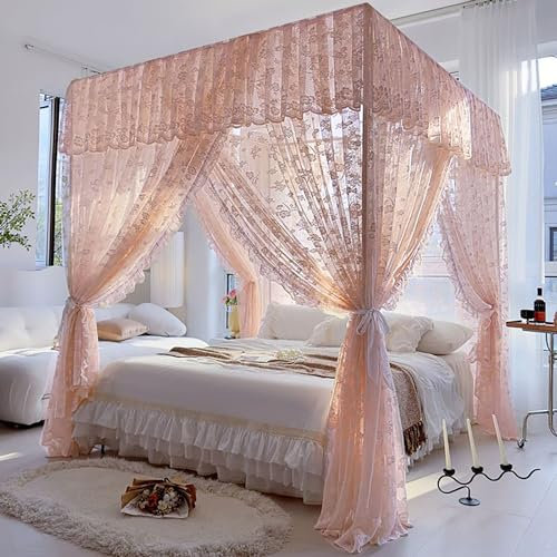 BAILEYU Prinzessin Moskitonetz Doppelbett Große 4 Poster Baldachin Bettvorhang mit 3 Öffnungen Ideal für Schlafzimmer Dekorative Oder Theme Party (Pole Nicht Enthalten),Beige,1.5 * 2.0m