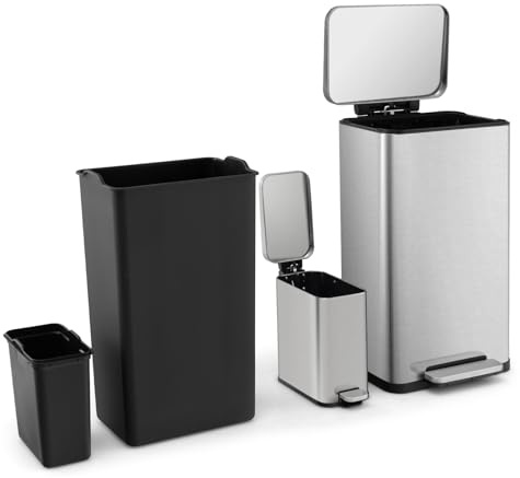 LIFEZEAL Juego de 2 Cubos de Basura, 40L + 6L, Papelera con Tapa y Pedal, Papelera de Acero Inoxidable para Interior, Contenedor Rectangular, Recogida Selectiva de Cocina