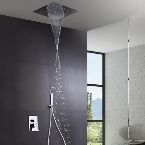 IMEX - Ducha Empotrada Techo Monomando Cromada | Conjunto de Grifería Empotrado con Alcachofa y Rociador Antical Efecto Lluvia | Columna Ducha Empotrada en Latón y Acero Inox S.304 | Serie Málaga