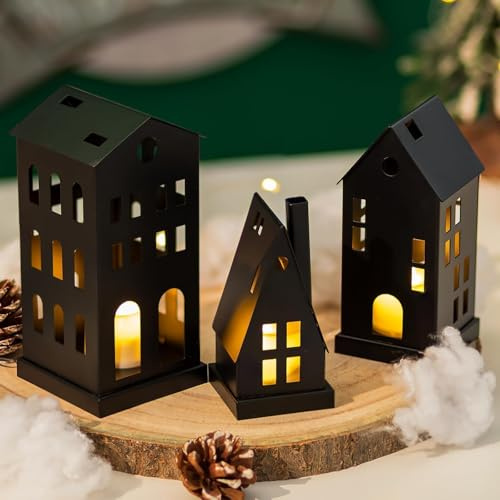 Romadedi Lichthaus Metall Für Weihnachtsdeko Schwarz: Mini Laterne Halloween Kerzenhalter Haus Mit LED Teelicht Windlicht - für Deko Wohnzimmer Weihnachten Teelichthaus Für Room Decor Geschenke