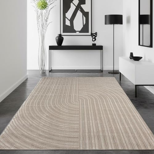VIMODA Moderner Kurzflor-Teppich Boho Wohnzimmer Schlafzimmer dünn mit 3D Hoch-Tief Effekt Pflegeleicht,Maße:120x170 cm;Farbe:Taupe